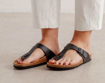 Black Vegan Leather Cork Sandals – Eco-Friendly Summer Footwear