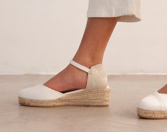 Authentic Spanish Espadrilles for Women - VEGAN - Girona Eco Canvas Vegan Espadrille Wedges - White
