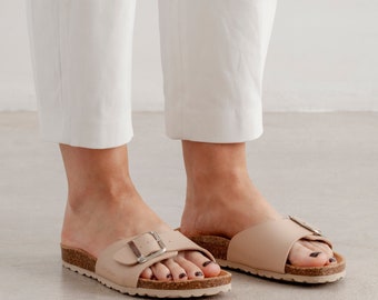 Free Shipping - VEGAN Strap Sandals for Summer Cordoba Vegan Leather Slide Cork Sandal - Sand Brown