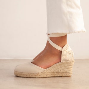 Authentic Spanish Espadrilles for Women VEGAN Sevilla Eco Canvas Vegan Espadrille Lace-Up Wedges Beige Tan image 1