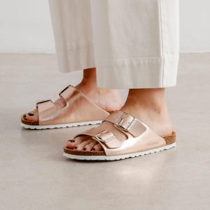 Free Shipping - VEGAN Strap Sandals for Summer Marbella Vegan Leather Slip On Cork Sandal - Metallic Rose