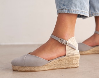 Free Shipping - Authentic Espadrilles for Women - Girona Eco Canvas Vegan Espadrille Wedges - Grey