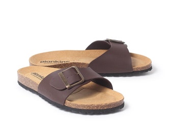 Free Shipping - VEGAN Strap Sandals for Summer Cordoba Vegan Leather Slide Cork Sandal - Brown