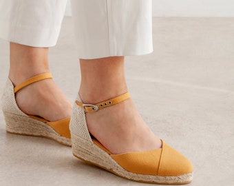 Free Shipping - Authentic Espadrilles for Women - Girona Eco Canvas Vegan Espadrille Wedges - Yellow Tuscany