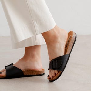 Cork Slide Sandals for Women - Original Cushioned Footbed - Vegan Leather - Cordoba - Black