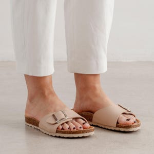 Free Shipping - VEGAN Strap Sandals for Summer Cordoba Vegan Leather Slide Cork Sandal - Sand Brown