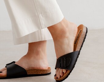 Free Shipping - VEGAN Strap Sandals for Summer Cordoba Vegan Leather Slide Cork Sandal - Black