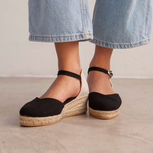 Authentic Spanish Espadrilles for Women - VEGAN - Girona Eco Canvas Vegan Espadrille Wedges - Black