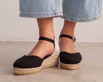 Authentic Spanish Espadrilles for Women - VEGAN - Girona Eco Canvas Vegan Espadrille Wedges - Black