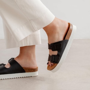 Free Shipping - VEGAN Strap Sandals for Summer Muro Two-Strap Vegan Leather Platform Cork Sandal - Black