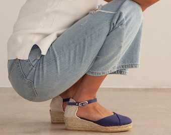 Authentic Spanish Espadrilles for Women - VEGAN - Girona Eco Canvas Vegan Espadrille Wedges - Navy