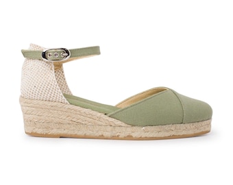 Free Shipping - Authentic Espadrilles for Women - Girona Eco Canvas Vegan Espadrille Wedges - Olive Green