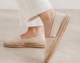 Free Shipping - Authentic Espadrilles for Women - Mila Sustainable, Eco Friendly, Vegan Canvas Espadrille Flats - Beige Tan