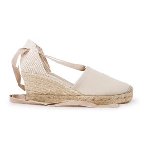 Vegan Espadrille Wedges: Beige Canvas Lace-Up Shoes