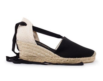 Free Shipping - Authentic Espadrilles for Women - Almanera Sustainable, Eco Friendly, Vegan Canvas Espadrille Wedges - Black