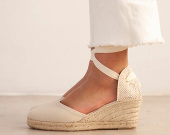 Authentic Spanish Espadrilles for Women - VEGAN - Sevilla Eco Canvas Vegan Espadrille Lace-Up Wedges - Beige Tan