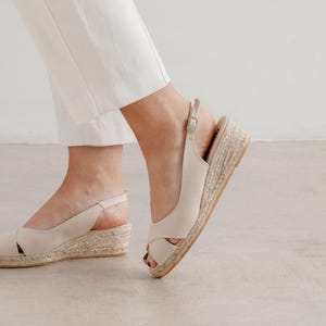 Vegan Organic Canvas Espadrille Wedges: Beige Cross Strap Sandals