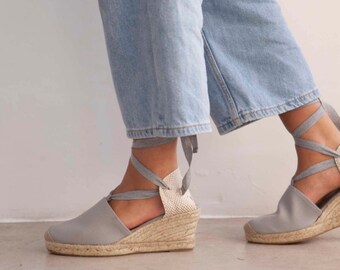 Free Shipping - Authentic Espadrilles for Women - Almanera Sustainable, Eco Friendly, Vegan Canvas Espadrille Wedges - Grey