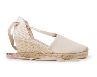 Authentic Spanish Espadrilles for Women - VEGAN - Almanera Sustainable, Eco Friendly, Vegan Canvas Espadrille Wedges - Beige Tan