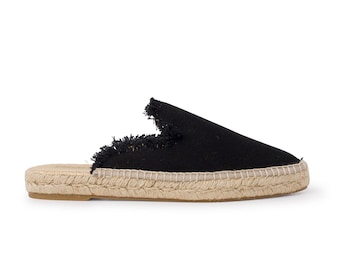 Vegan Espadrille Slides: Black Eco Canvas Mules, Handmade in Spain
