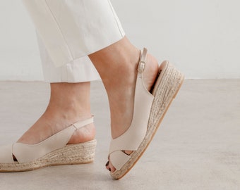 Free Shipping - Authentic Espadrilles for Women - Oliva Organic Canvas Espadrille Wedge Sandals - Beige Tan