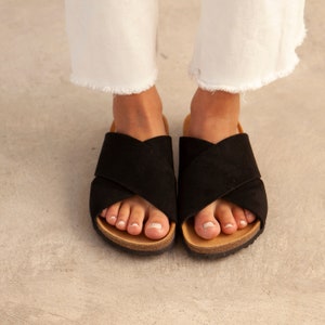 Free Shipping - VEGAN Strap Sandals for Summer Alacant Vegan Suede Leather Slide Cork Sandal - Black