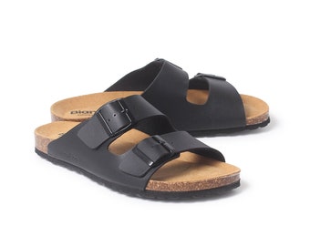 Free Shipping - VEGAN Strap Sandals for Summer Marbella Vegan Leather Slip On Cork Sandal - Black