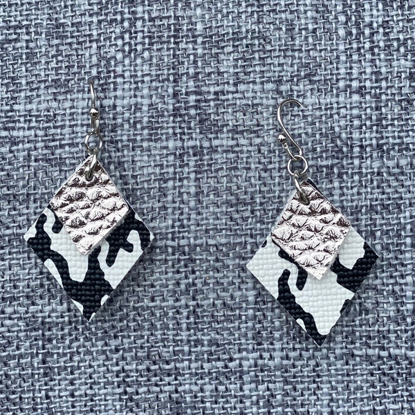 Black, White & Silver Diamond shaped Faux Leather Earrings