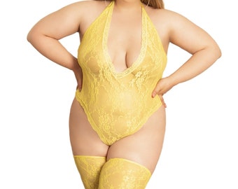 Yellow Sexy Lace Teddy Bodysuit With Stocking Size XS-4XL