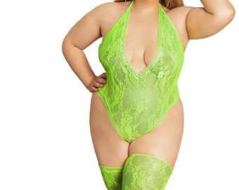 Green Sexy Lace Teddy Bodysuit With Stocking Size XS-4XL