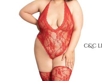 Red Sexy Lace Teddy Bodysuit With Stocking Size XS-4XL