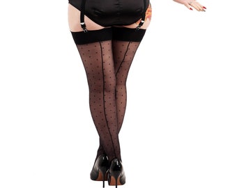 Plus Size Jive Seamed Black Dotty Stockings Size16-24UK