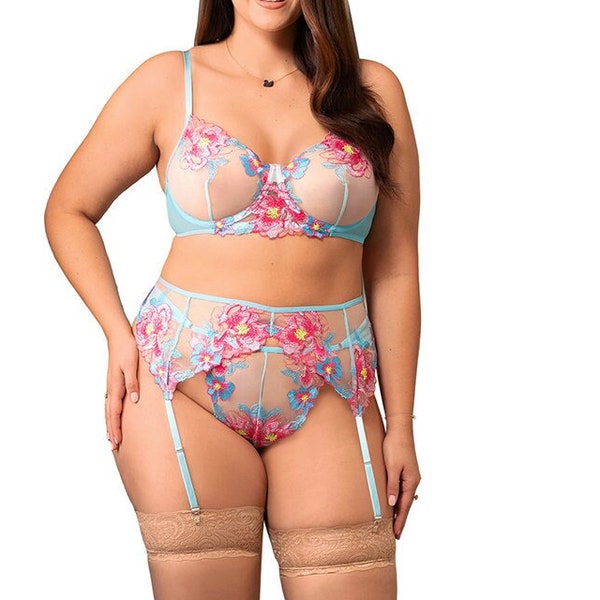 Floral Embroidery Underwire Garter Lingerie Set