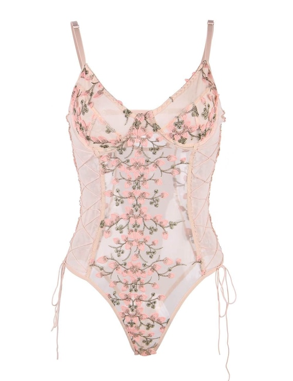 Pink Mesh Embroidery Bodysuit Teddy With Underwire Size XS-4XL -  Canada