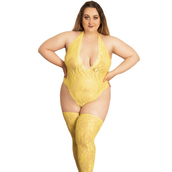 Body de peluche de encaje sexy amarillo con media talla XS 4XL Etsy Mexico