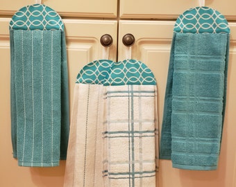 Hanging dish towel, Kitchen towel, hand towel with header and loop, Teal White Plaid and Stripes towel,