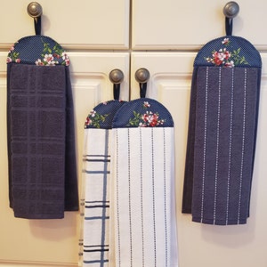 Hanging dish towel, Kitchen towel, hand towel with header and loop, Cotton Blue Plaid Stripes towels,