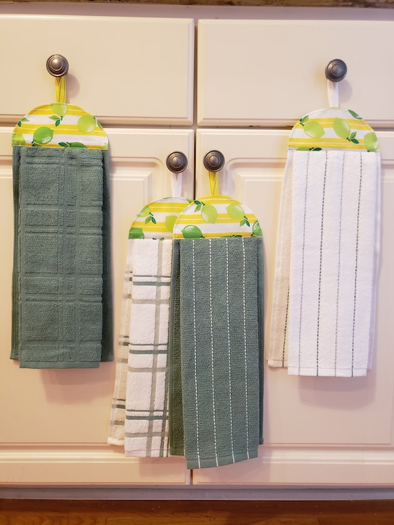 Hanging Dish Towel, Kitchen Towel, Hand Towel With Header and Loop, Teal  White Plaid and Stripes Towel, 