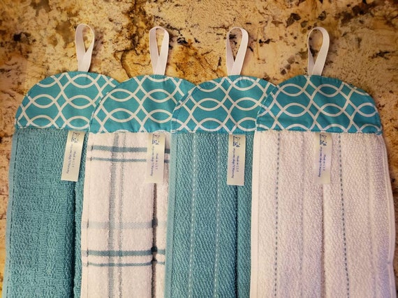 Hanging Dish Towel, Kitchen Towel, Hand Towel With Header and Loop, Teal  White Plaid and Stripes Towel, 