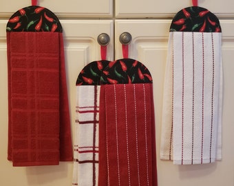 Hanging dish towel, Kitchen towel, hand towel with header and loop, Cotton Red Plaid Stripes towels,