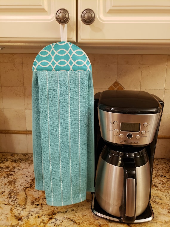 Hanging Dish Towel, Kitchen Towel, Hand Towel With Header and Loop, Teal  White Plaid and Stripes Towel, 