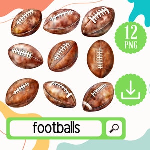 May include: Twelve watercolor illustrations of brown footballs with white laces. The footballs are arranged in a circle with the word "footballs" in a green search bar at the bottom of the image.