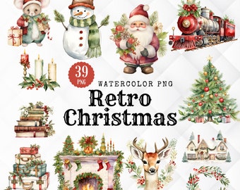 Watercolor Retro Christmas Clipart Set. 39 Vintage Christmas PNG Set. Cottagecore Christmas Junk Journals Invitations Sublimation and Cards
