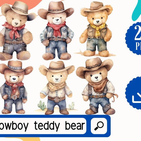 Cowboy Teddy Bear Clipart PNG. Watercolor Teddy Bear Western Cowboy Clipart. 20 Cowboy Teddy Bear Bundle Digital Download Sublimation