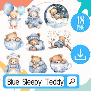Watercolor Blue Sleepy Teddy Bear Set. 17 PNG Blue Teddy Boys Nursery Room graphics. Blue Baby boy Clipart Digital Download
