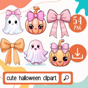 Set di clipart carini di Halloween. 54 PNG di grafica carina di Halloween da scaricare digitalmente. Fiocco di Halloween, zucca, clipart fantasma