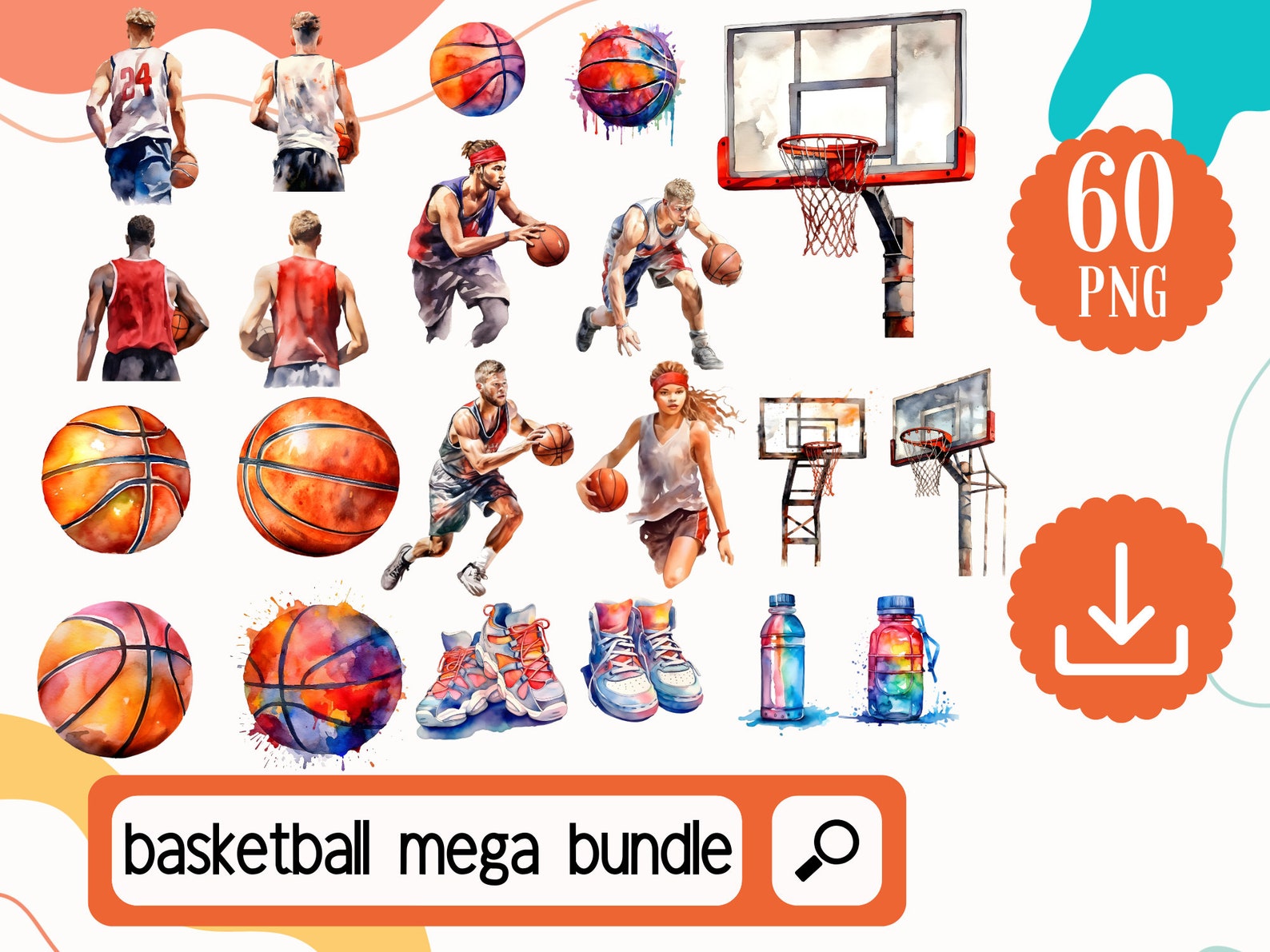Basketball Clipart Mega Bundle PNG, Watercolor Basketball Png Digital ...