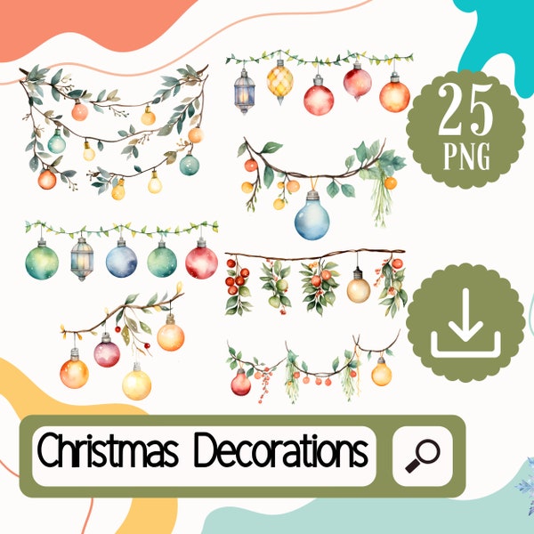 Christmas Decorations Clipart. 25 Christmas Lights PNG. Christmas Decorations for Card making and Scrapbooks Digital Download