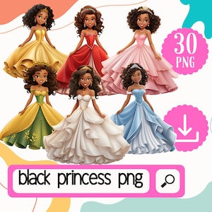 Conjunto de imágenes prediseñadas de chicas princesas bastante negras. 30 Princesa afroamericana. Paquete de descarga digital de imágenes prediseñadas de chicas negras lindas