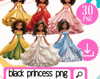 Pretty Black Princess Girls Clipart Set. 30 African American Princess. Cute Black Girls Clipart Digital Download Bundle